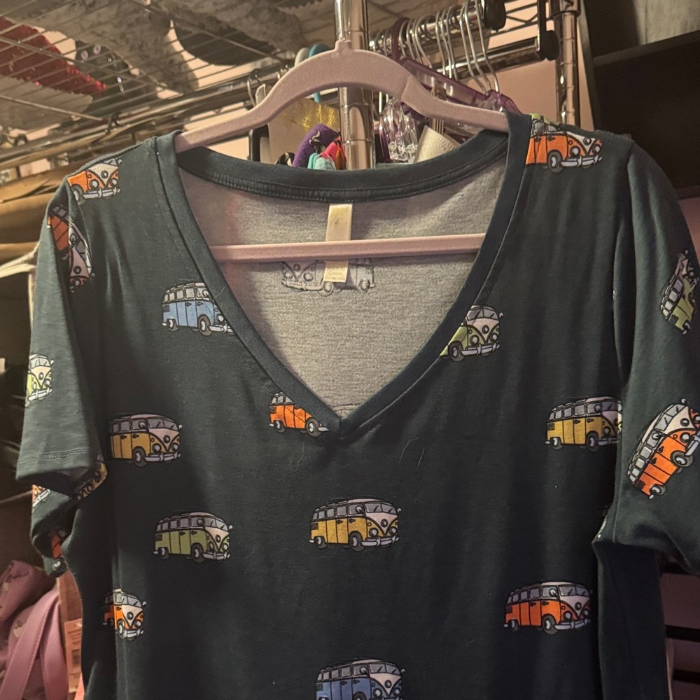 V-Neck T-Shirt with Colorful Bus Print used